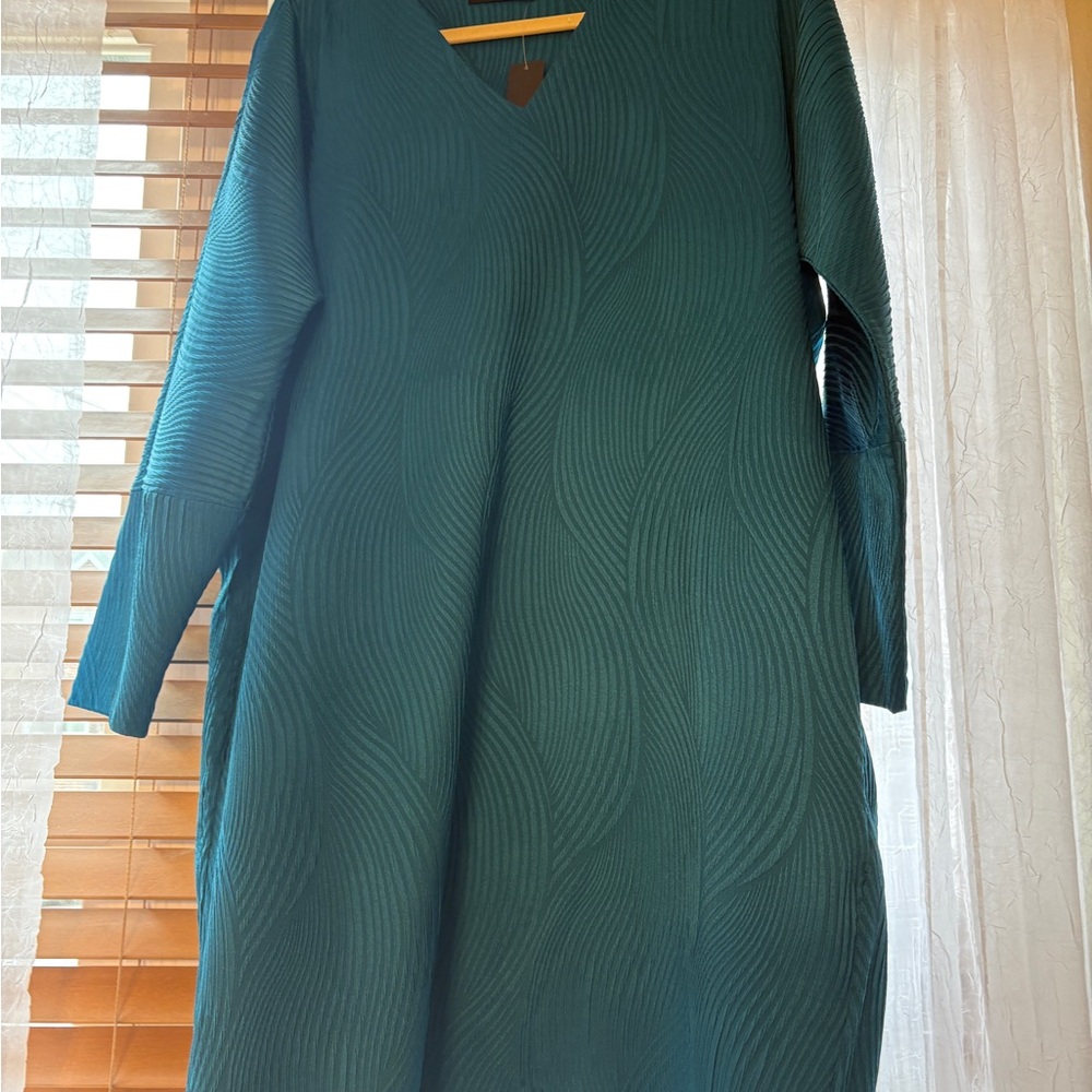Natori Teal V-Neck Long Sleeve Jacquard Dress NWT